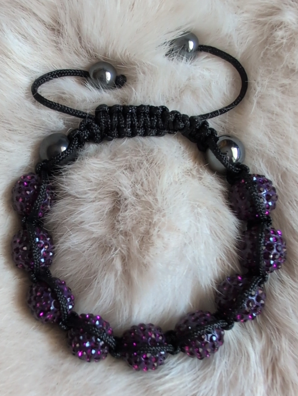 EUC Purple Crystal Bead Macrame Bracelet With Hematite Stones